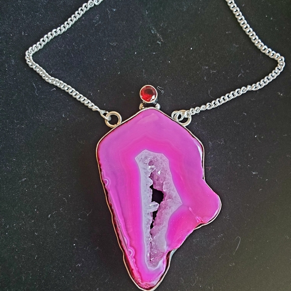 New Pink Agate Druzy & Garnet 925 Silver Necklace. - Picture 14 of 14